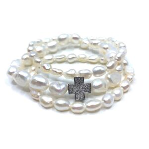 Pearl Bracelet with Diamond Cross -White Pearl and Pave Diamond Cross Stack Bracelet Set, Pave Diamond and Pearl Bracelet Stretch Bracelets
