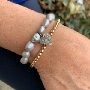 Gold Bead Ball Bracelet, Heart Charm, Heart Bracelet, Pearl Bracelet, Gold Bead with Heart Bracelet, Gold Bead Stretch Bracelet- SALE