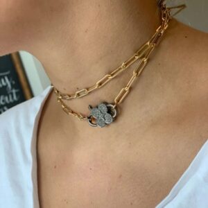 Clover Necklace, Clover Clasp, Paperclip Chain Necklace, Chunky Gold Necklace, Necklace with Diamond Clasp