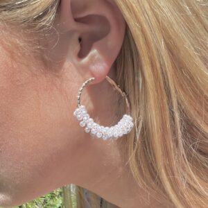 Medium Size Hoop Earrings in Rose Gold and White Beaded Mini Pearl - Amazing for Spring! 1 1/2 inch Lever Back Beaded Hoop Earrings