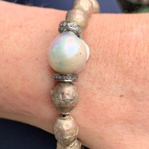 Large Baroque Pearl Pave Diamond and Pewter Stack Bead Bracelet
