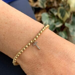 Gold Bead Bracelet with Pave Diamond Initial