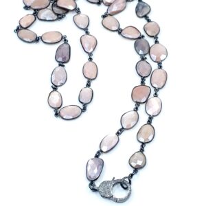 Extra Long Beaded Necklace - 36 inch Pave Diamond Necklace, Moonstone Necklace, Faceted Blush Moonstone with Pave Diamond Clasp