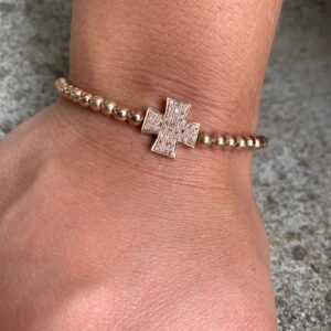 Bracelet with Cross, Rose Gold Jewelry, Cross Bracelet, Rose Gold Bead Bracelet, Rose Gold Pave Diamond, Rose Gold Beaded Ball Bracelet