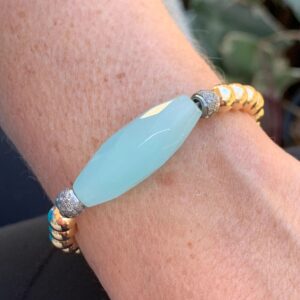 Gold Bead Bracelet with Pave Diamond and Aquamarine Stack Bracelet