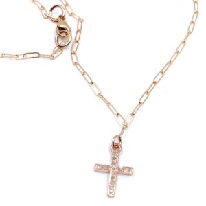 Necklace with Cross, Sweet Small Rose Gold Cross Necklace in Pave Diamond on Rose Gold Paperclip Chain, 14K gold filled, Cross Necklace