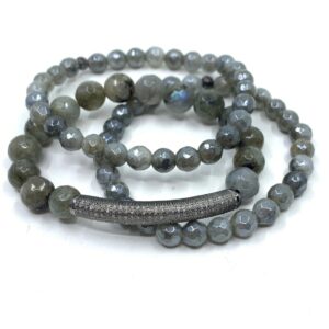 Labradorite Stack Bracelets, Labradorite Beaded Bracelets with Pave Diamonds Bar Accent, Pave Diamond Bracelet Set, Perfect Gift, FREE Ship