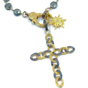 Unique Circle Gold and Silver Pave Diamond Cross Pendant -