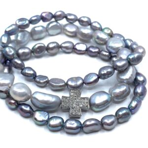Gray Pearl Pave Diamond Cross Stack Bracelet Set - SPECIAL!