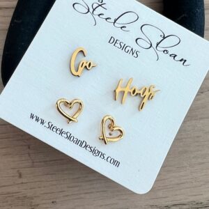Go Hogs! Cute Arkansas Valentines Gift Game Day Gold Stud Earrings Razorback Fans with Gold Stud Hearts - Woo Pig SOO Cute!