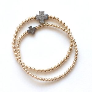 Gold Bead Bracelet with Pave Diamond Cross in Small or Medium