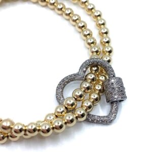 Double Gold Bead Bracelet Stack Set with Pave Diamond Heart