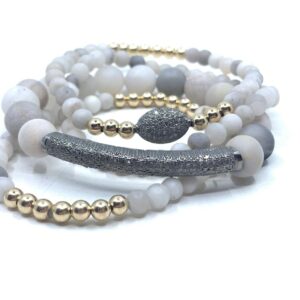 Stack Bracelet Set in Pave Diamond, Gold and Matte White Turquoise