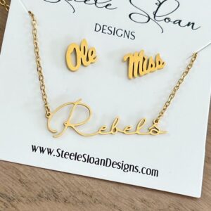 Perfect Gift for the Ole Miss Girl Rebels Name Necklace Gold Rebels Necklace Ole Miss Earrings Gift Set Hypoallergenic Officially Licensed