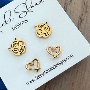 Best Go Tigers Valentines Gift Heart Earrings plus Game Day Gold Stud Tiger Earrings Perfect for Double Piercings - Hypoallergenic